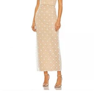 Mac Duggal nude strapless dress with feathers